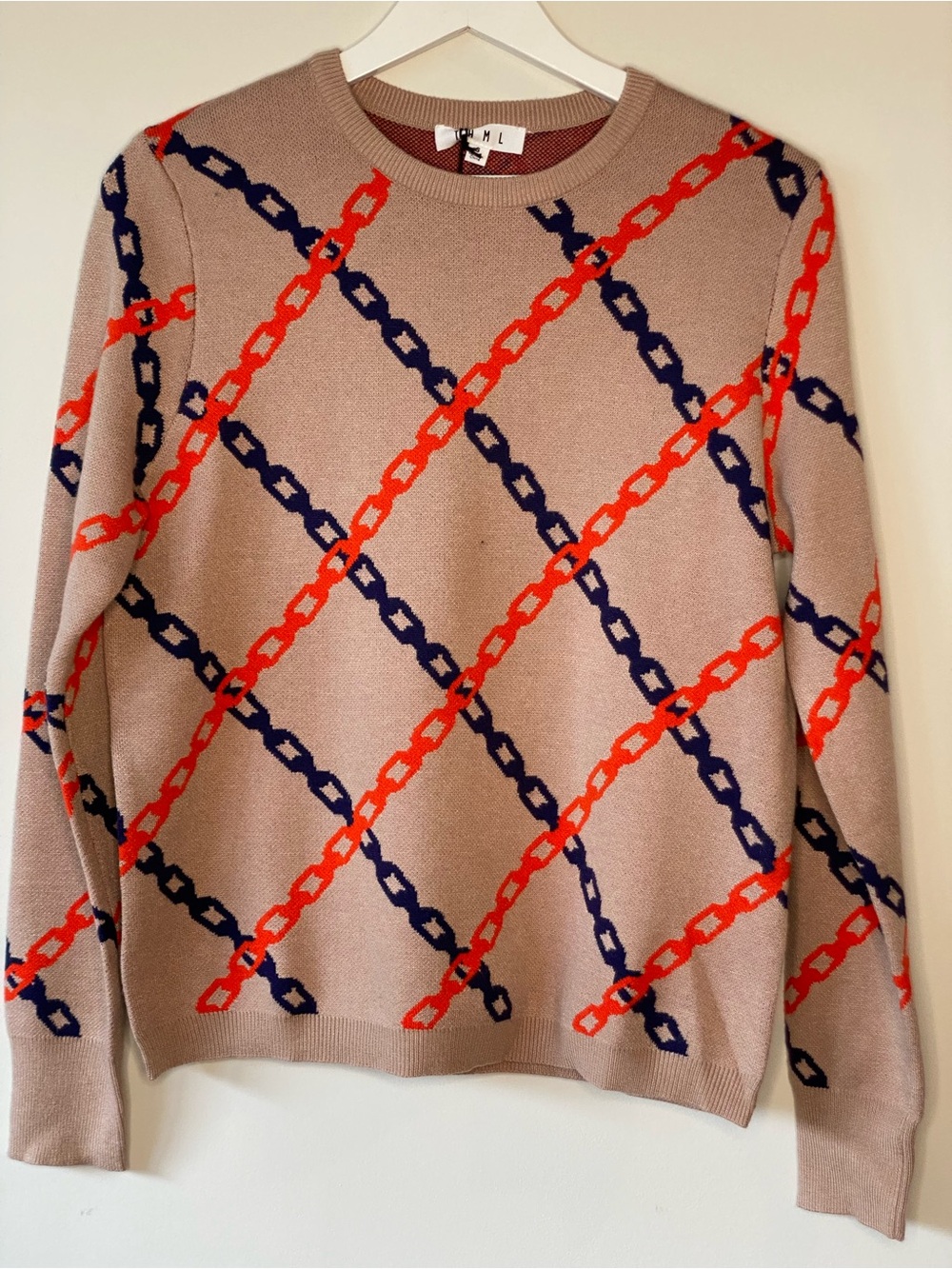 THML Beige Crewneck Sweater with Orange & Navy Chain Print